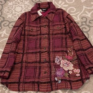 Johnny Was Pink and Black Plaid Embroidered Button-Up Jacket